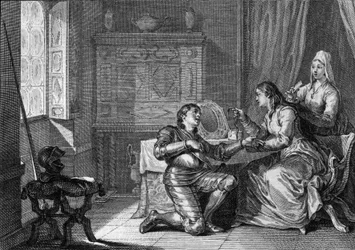 Une femme offre un bracelet de tissu de ses cheveux à un chevalier comme gage d