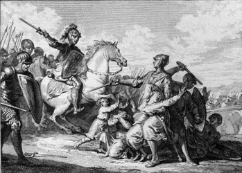 Assassinat des fils de Thierry II de Bourgogne en 613, en présence de Clotaire II (584-628), roi de Neustrie. Parmi eux, Sigebert II (601-613). Gravure de Jean Michel Moreau, dit Moreau le Jeune (1741-1814)
