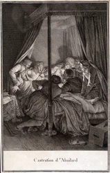 Castration de Pierre Abélard ou Pierre Abailard, philosophe et théologien français (1079 à 1142). Gravure de Moreau.
