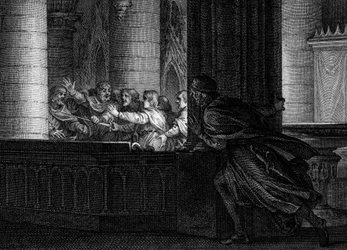 Complot contre Charlemagne, 792 : un seigneur surprend la conversation entre des conspirateurs qui préparent le meurtre du roi des Francs. Parmi eux, Pépin le Bossu (769-811), fils de Charlemagne. Gravure de Jean Michel Moreau, dit Moreau le Jeune (1741)