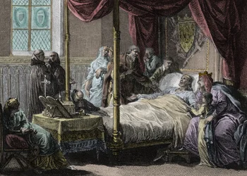 Mort de Dagobert Ier (602/605-638), roi des Francs, en présence de sa femme, la reine Nantilde (ca. 610-642) et de son fils, le futur Clovis II (ca. 635-657). Gravure de Jean Michel Moreau, dit Moreau le Jeune (1741-1814)