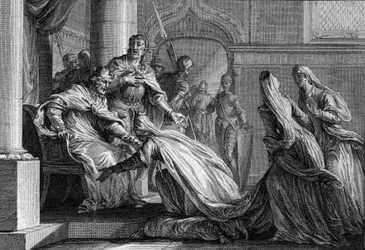 Emma de France, sœur de Hugues le Grand, se prosterne à ses pieds. Mariée à Raoul de Bourgogne, elle décide, à la demande de son frère, de donner la couronne de France à son mari, déclarant « mieux vaut embrasser son »