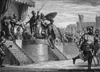 Fin de la dynastie mérovingienne, 751 : déposition du roi Childéric III (ca. 714-754) par Pépin le Bref (714-768). Gravure de Jean Michel Moreau, dit Moreau le Jeune (1741-1814)