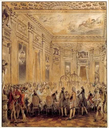 Fête donnée par Jeanne Bécu, comtesse (ou Madame) du Barry (1743-1793), maîtresse de Louis XV, au château de Louveciennes le 2/09/1771 Aquarelle par Jean Michel Moreau le Jeune (1741-1814). Paris, musée du Louvre