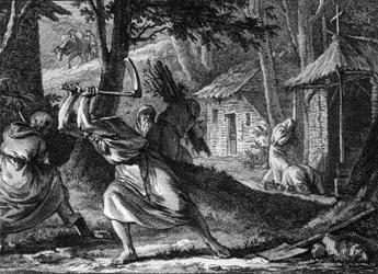 Ermites vivant en communauté dans une forêt française, fin 11ème-début 12ème siècle. Gravure de Jean Michel Moreau, dit Moreau le Jeune (1741-1814)