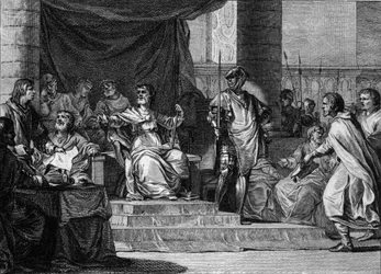 Représentation imaginaire du règne des « rois fainéants » mérovingiens : Clovis III (682-695), Childebert III (683-711) et Dagobert III (vers 697-715) sont endormis et assis derrière le maire du palais Pépin le Jeune ou d