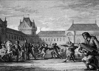 Institution des pages : établissement de formation aux tâches physiques et domestiques du métier de page. Période carolingienne, règne de Charlemagne, 8ème-9ème siècle. Gravure de Jean Michel Moreau, dit Moreau le Jeune