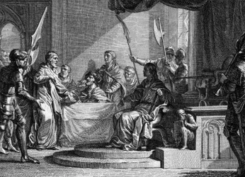 Interrègne de Charles Martel, 737 : Charles Martel, maire du Palais, interrègne après la mort de Thierry IV (713-737). Gravure par Jean Michel Moreau, dit Moreau le Jeune (1741-1814).
