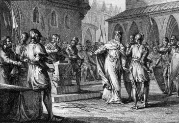 Soulèvement contre Charles III le Simple par les seigneurs dirigés par Robert (865-923) qui devient roi de France en 922 sous le nom de Robert I, Soissons 920 (gravure)