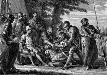 Rollon (vers 860-933), chef viking, refuse de baiser le pied du roi Charles III le Simple (879-929), 912. Gravure de Jean Michel Moreau, dit Moreau le Jeune (1741-1814)
