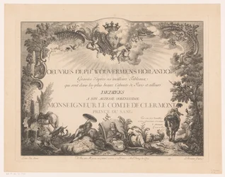 Titelprent met figuren en dieren in een landschap, met het portret van Philips Wouwerman