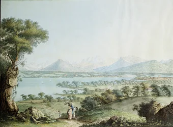 Vue du Mont Blanc avec Genève au premier plan, gravée par Jean Philippe Linck II et Jacob Philippe Hackert