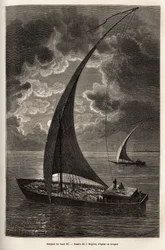 Les barques du haut Nil, équipage réduit et passagers dormant sur le pont, au clair de lune, gravure d