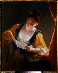Jeune femme lisant une lettre, XVIIIe siècle, soleil, 0,99 x 0,81 m