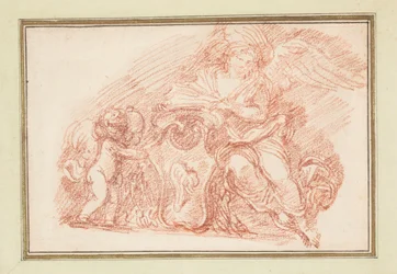 Figure ailée et putto soutenant un écusson