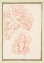 Figure ailée tenant une sangle avec putto