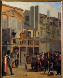 Théâtre de rue : « La parade de Bobèche et Galimafré sur le Boulevard du Temple devant le Théâtre des délassements comiques » Peinture de Jean Roller (1798-1866) 1820 Paris, Musée Carnavalet