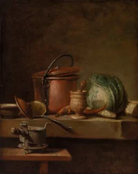 Table de cuisine avec marmite de cuivre, chou, égrugeoir et réchaud