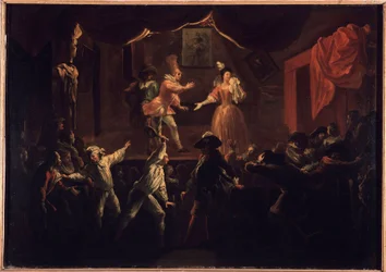Succès déplorables de cette pièce. Un des joueurs de paume dont les vêtements avaient été dérobés, donne une grande raquette à La Rapinière. Peinture illustrant "Le Roman comique" par Paul Scarron (1610-1660).