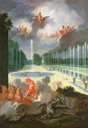 Les bosquets de Versailles. Vue du bassin du Dragon et du bassin de Neptune, avec Apollon tuant Python