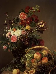 Nature morte avec fleurs et fruits dans un panier