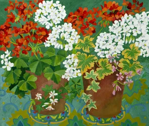 Géraniums rouges et blancs en pots, 2013 (acrylique sur toile)