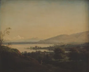 Vue sur le lac Léman vers le Mont Blanc et Genève