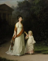 La princesse héritière Marie Sophie Frederikke et sa fille la princesse Caroline se promènent dans un parc romantique.