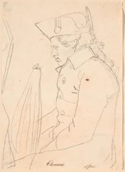 Portrait du graveur J.F. Clemens. Trois-quarts de figure assis de profil à gauche