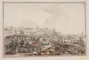 Vue de la ville avec maisons et mur près de la rivière; à l