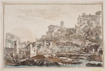 Vue de ville avec ruines et église et palais en hauteur