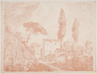 Paysage imaginaire italien avec arbres et maisons