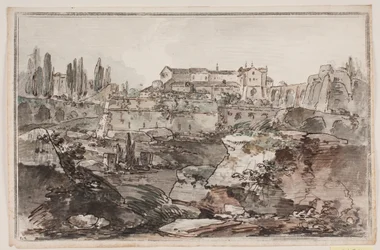 Vue avec forteresse (?), ruines, rochers et eau
