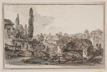 Perspective avec de grands arbres, bâtiments et ruines