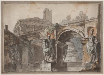 Vue "romaine" avec pont, ruine de temple et statue équestre