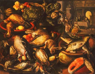 Gibier, poisson, fruits et légumes dans des paniers et des bols dans un garde-manger, 1569