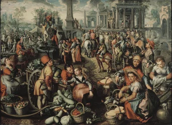 Scène de marché avec Ecce Homo, la flagellation et le Christ portant sa croix