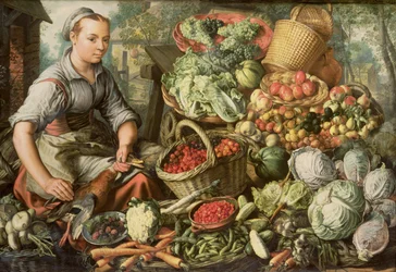 Nature morte aux fruits, légumes et marchande, 1564