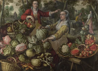 Les Quatre Éléments : Terre (Un marché de fruits et légumes avec la Fuite en Égypte en arrière-plan)