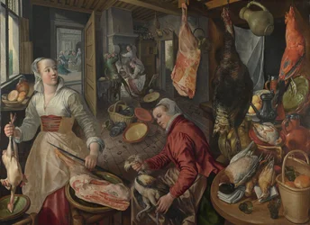 Les quatre éléments : Le Feu. Une scène de cuisine avec le Christ dans la maison de Marthe et Marie à l