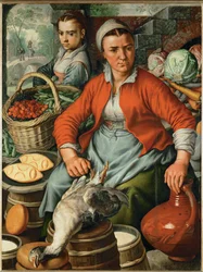 La fermière sur le marché (peinture sur bois de chêne)