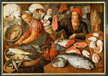Marché aux poissons (huile sur bois)