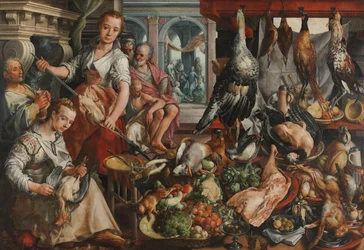 La cuisine bien garnie, avec Jésus dans la maison de Marthe et Marie en arrière-plan