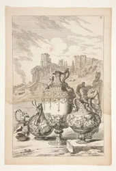 Quatre vases, un vase cassé, un chandelier cassé et un hermès dans un paysage avec des ruines classiques