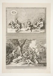 moitié supérieure : Un dieu de la rivière et des putti jouant avec les symboles de la renommée moitié inférieure : La punition de Cupidon