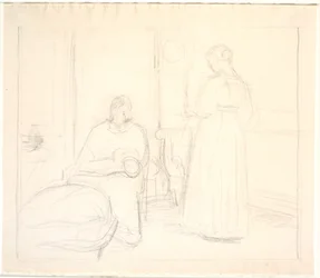 Intérieur avec horloge et femme assise et debout