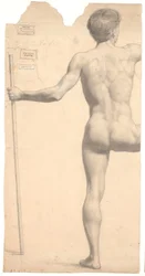Modèle masculin debout, vu de dos, bâton dans la main gauche, bras et jambe droite coupés