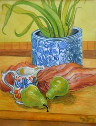 Pot bleu et blanc, pichet et poires, 2006