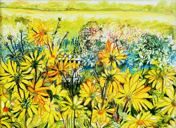 Porte de cottage vue à travers des marguerites