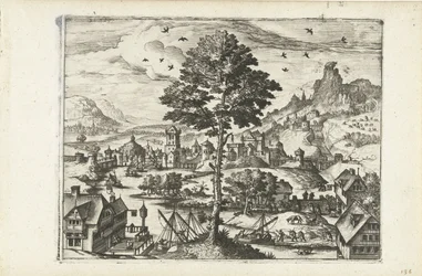 Paysage avec petite ville au bord de la rivière